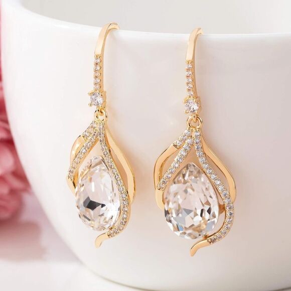 14K Yellow Gold with White Diamond Austrian Crystal Twisted Teardrop Earrings - Picture 3 of 6